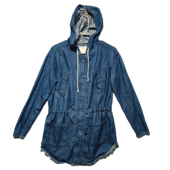 life in progress Jackets & Blazers - Life in Progress Denim Hooded Utility Jacket Womens Small Blue Frayed Hem Button